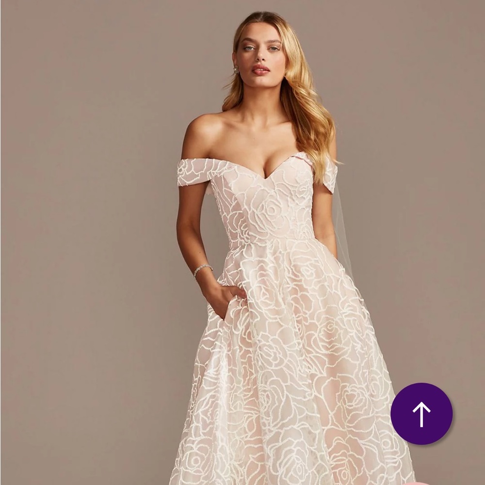 DAVID'S Bridal Off-the-shoulder Blush Wedding Dress